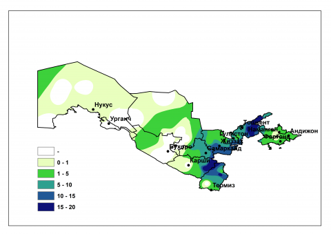 Количество осадков (в мм) по территории Республики Узбекистан за день 6 марта и ночь 7 марта 2022 года