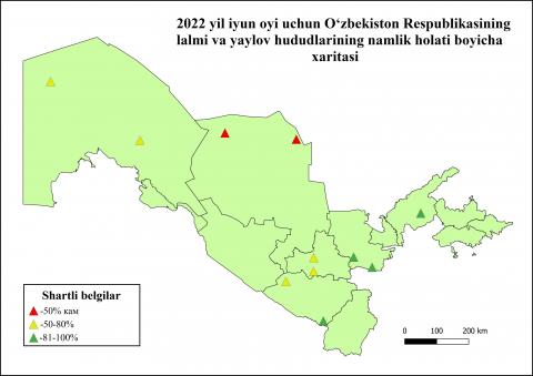 2022 yil iyun oyi uchun O‘zbekiston Respublikasining lalmi va yaylov hududlari bo‘yicha namlik sharoiti xaritasi