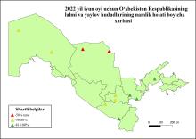 Карта оценки условий увлажнения по богарной пастбищной зонам Узбекистана на июнь 2022 года